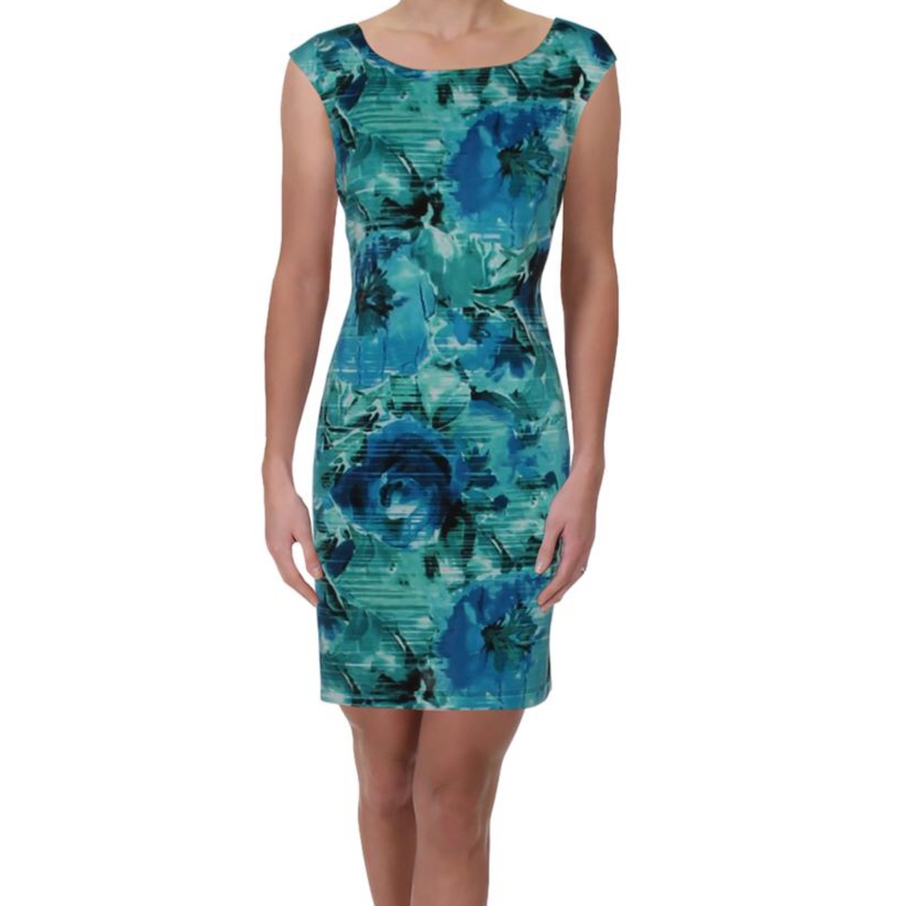 CONNECTED APPAREL Blue Floral Cap Sleeve Dress 6
